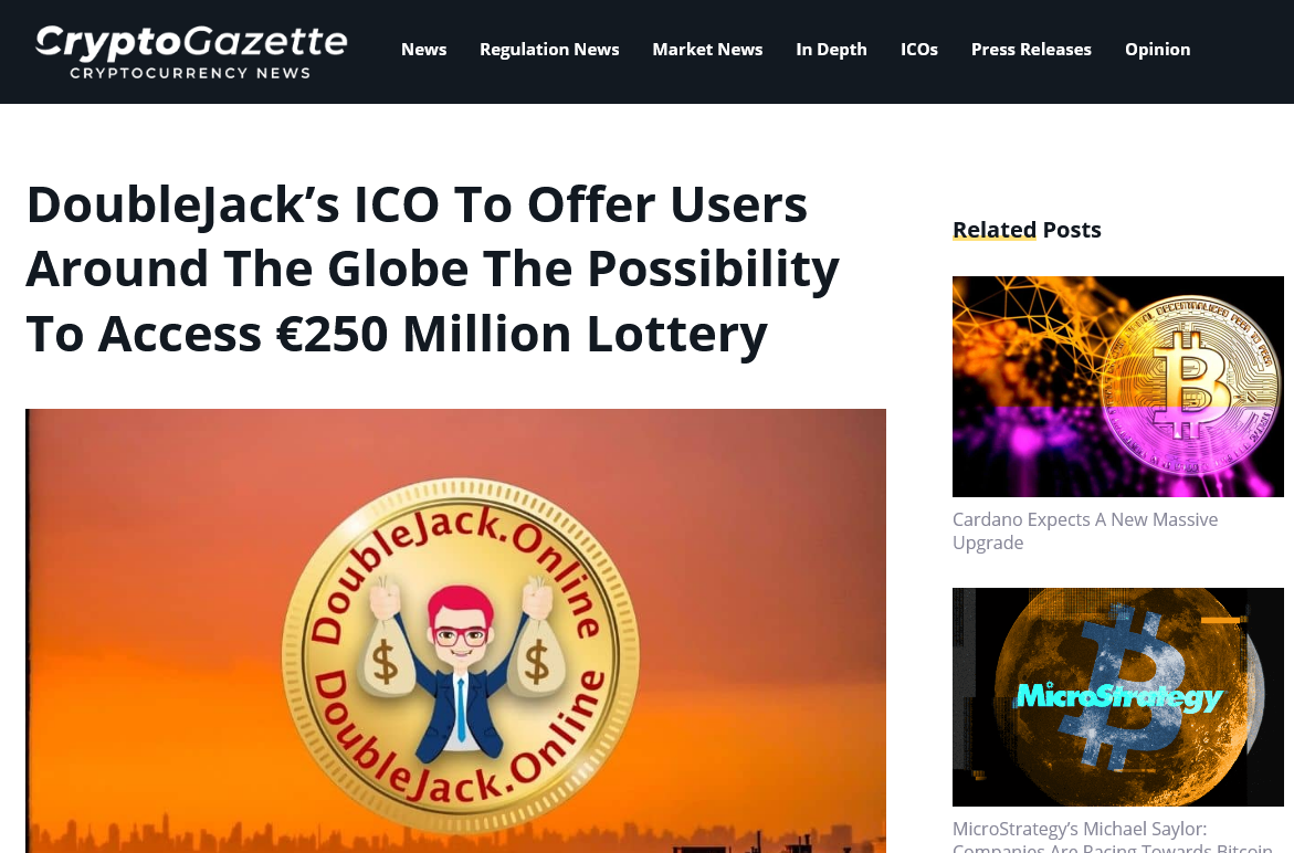 Cryptogazette - DoubleJack’s ICO To Offer Users Around The Globe The Possibility To Access €250 Million Lottery